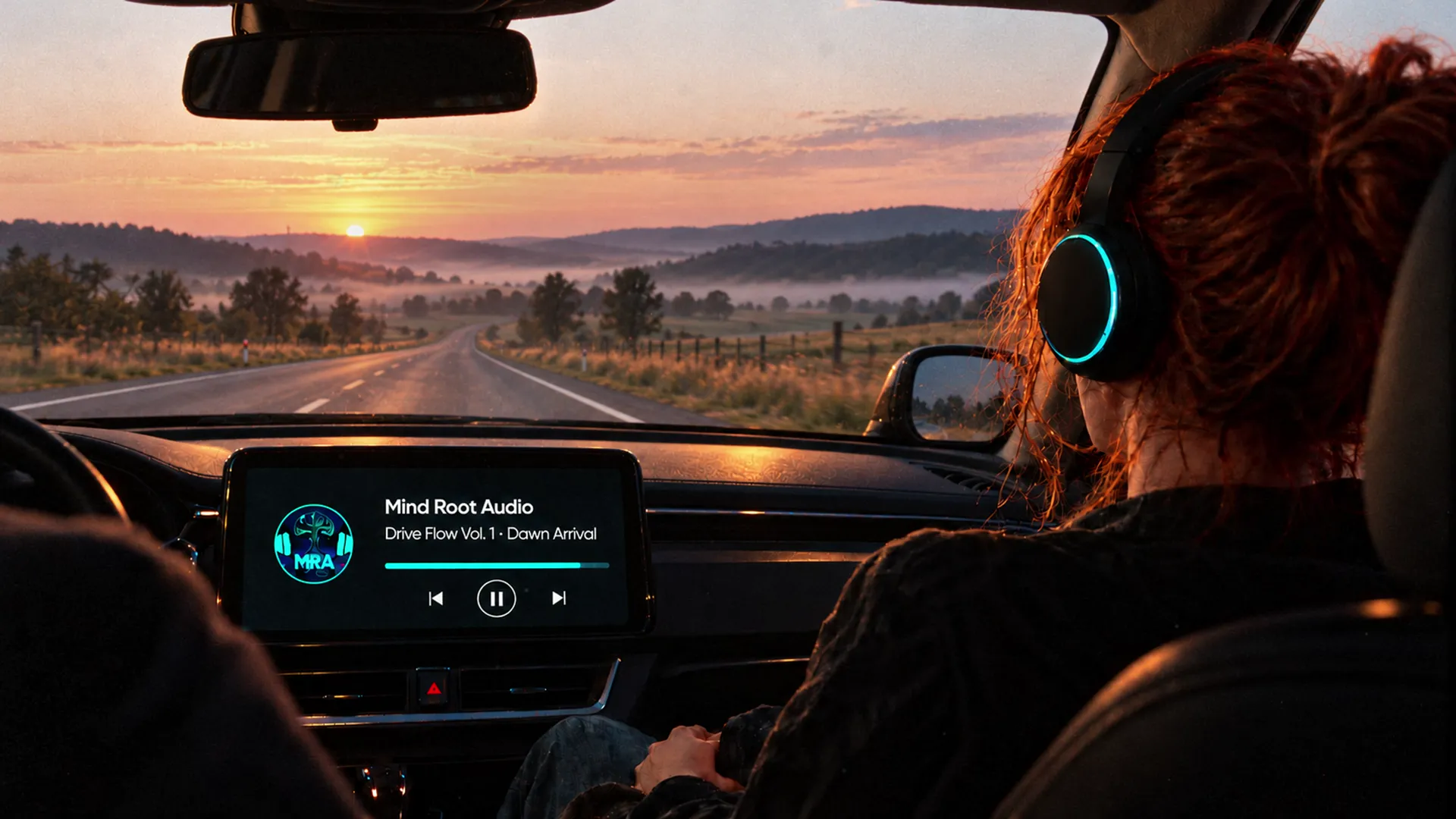 Sunrise over misty hills at the end of a country road, seen from the back seat; the passenger's headphones glow cyan.